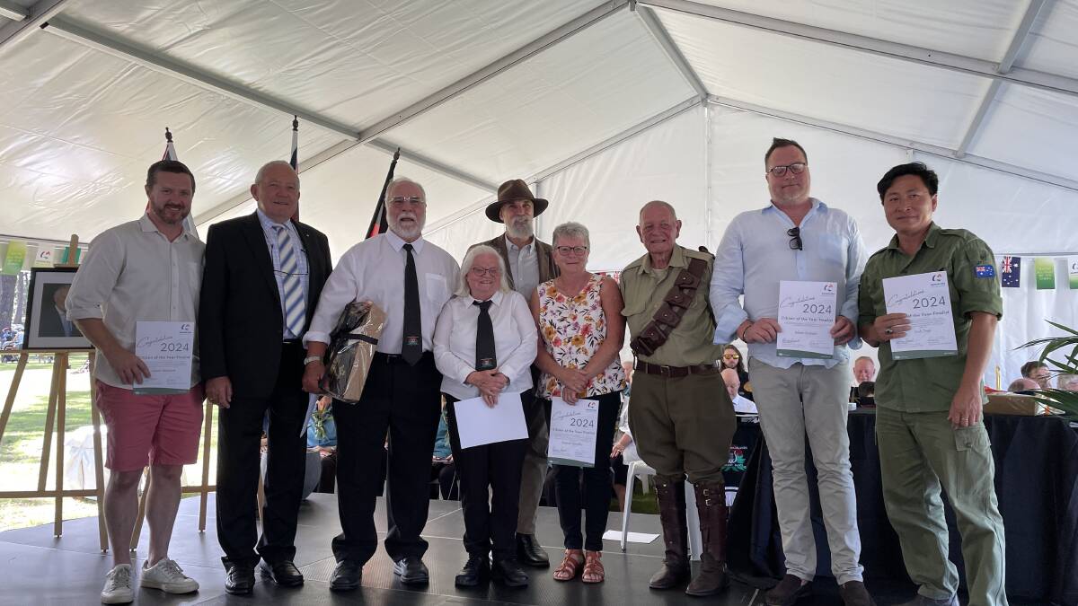 Wingecarribee Citizen of the Year nominees Glenn Wallace, Dianne Handley, Neil Hughes, Adam Stockeld and Vinh Tran with 2023 Citizen of the Year John Creighton and council administrator Viv May. Picture by Briannah Devlib