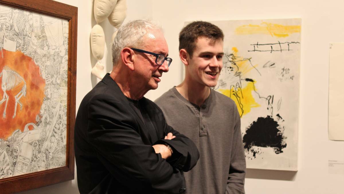 Goulburn Art Awards judge David Broker with Cooper Pearce, who was named Young Artist for 2018. Picture: Ainsleigh Sheridan