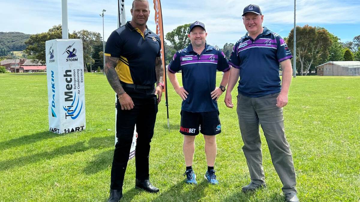 L to R: Group 7's Ashton Sims with Southern Highlands Storm coach Trevor Schodel and President Peter Howard. Photo: file
