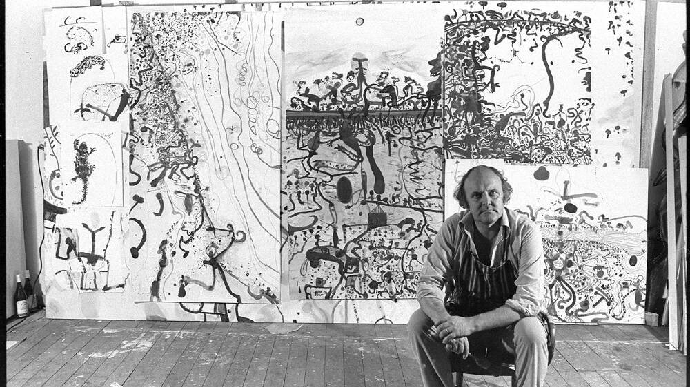 John Olsen in his studio in Dural, 1979. Picture: Greg Weight