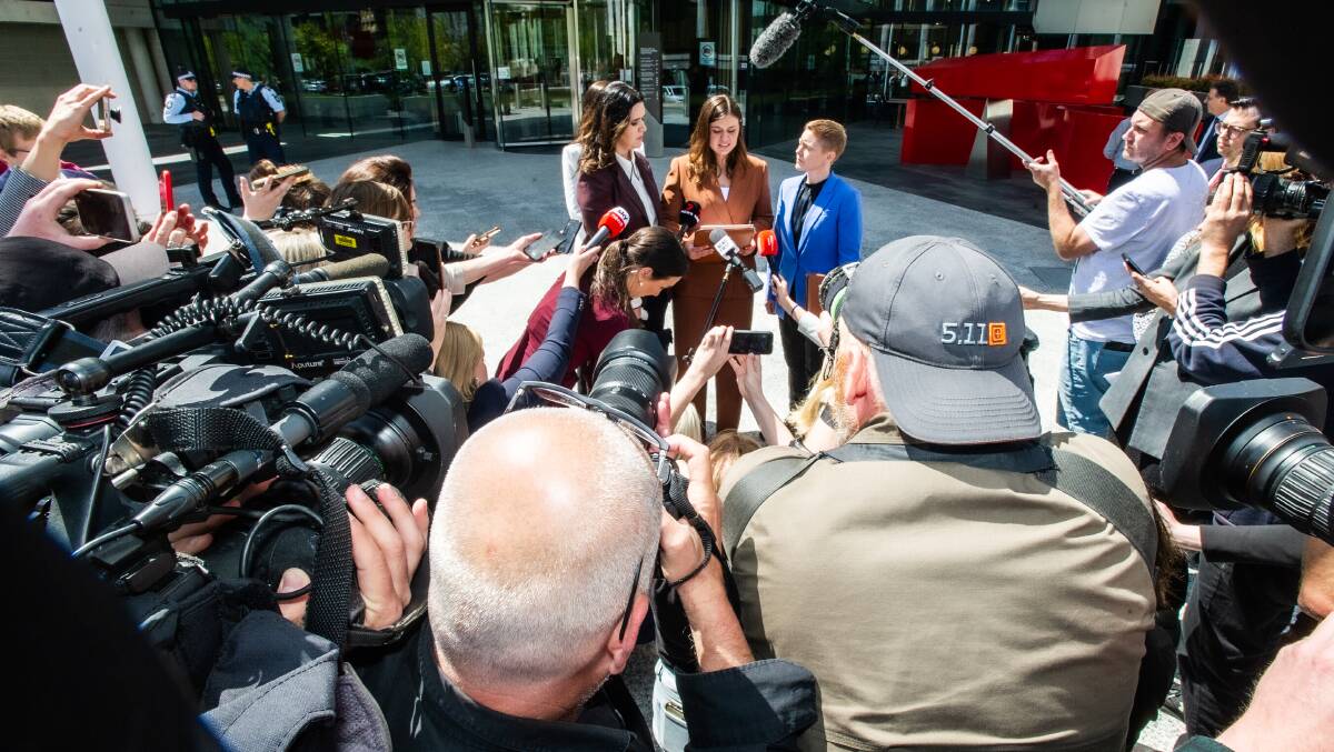Brittany Higgins addresses media outside court last year after a jury in the criminal trial was discharged. Picture by Karleen Minney