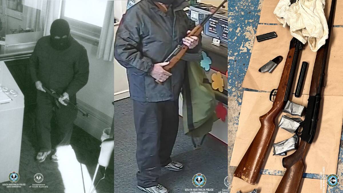 Images from SA bank robberies and a rifle found at the accused address. Picture via South Australia Police