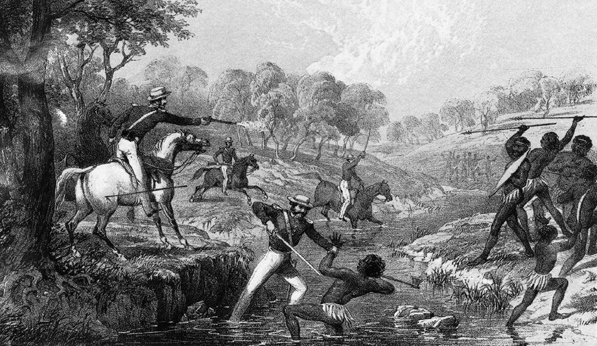 This historic artwork, 'Mounted Police and Blacks' by Godfrey Charles Mundy, depicts the Waterloo Creek massacre.