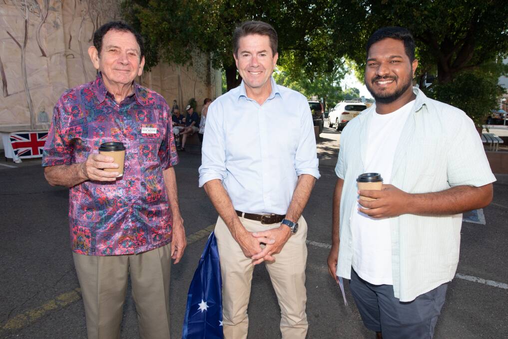 Multicultural Tamworth president Eddie Whitham with Tamworth MP Kevin Anderson and health worker Titus Alias at Tamworth's 2023 Australia Day Awards and Citizenship Ceremony. File picture by Peter Hardin