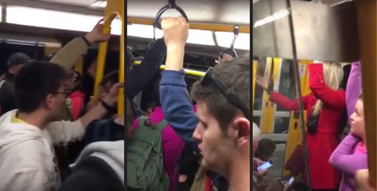 Standing room: Images from a video of a crowded Sunday afternoon train, which Wollongong MP Paul Scully raised in state parliament this week.