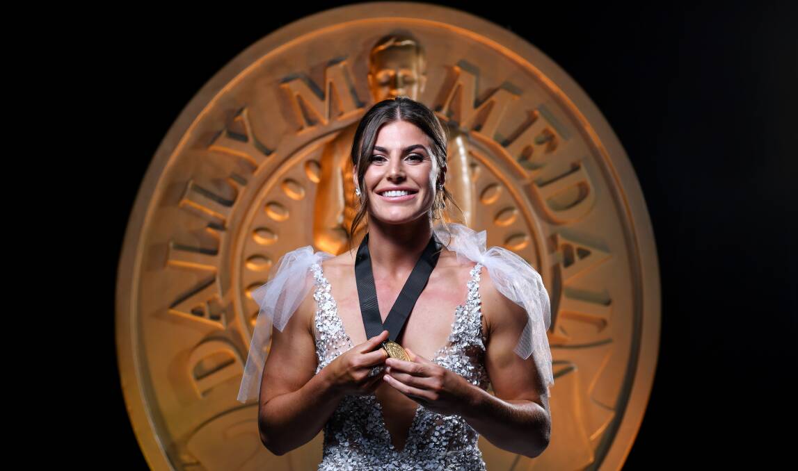 HAPPY DRAGON: Jess Sergis proudly holds her Dally M female player of the year medal on Wednesday night. Picture: Grant Trouville/NRL Imagery 