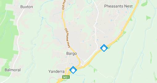 A map of where the two fire broke out near Bargo and Pheasants Nest on Monday afternoon. Picture: NSW RFS