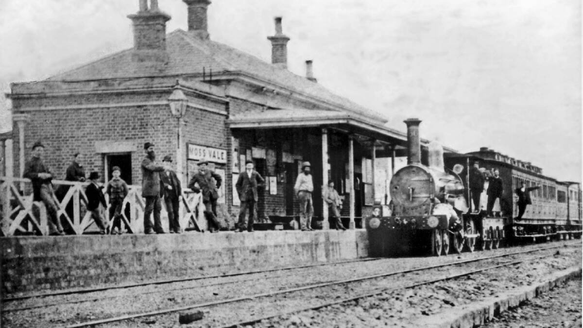 The original Moss Vale train station with the northbound train arriving, crica 1880. Photo: BDH and FHS.  