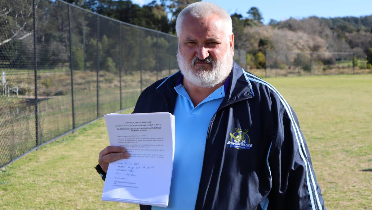 SIGNED, SEALED DELIVERED: Former England International Barry Knight, Australian player and Highlands product Lauren Cheatle and Australian cricketing legend Doug Walters have all signed for the oval to be renamed. Photo: Supplied.