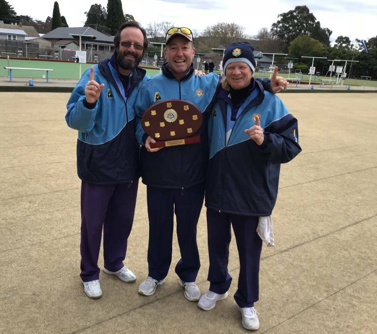 MATES GO HEAD-TO-HEAD: Stephen Della (left) faced off with friend and fellow Bowral Bowling Club champion, Dugald Braithwaite (centre). It was an ultimate showdown. 