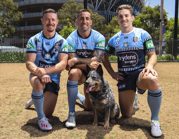 NSW Blues hooker Damien Cook and teammates Paul Vaughan and Cameron Murray modelling their new alternate jersey.