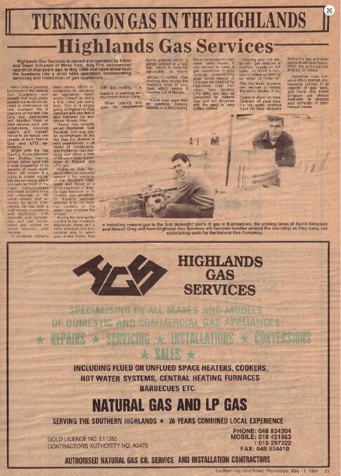 WEDNESDAY, MAY 11 1994: A Highlands Gas Services ad in the Southern Highlands News. 