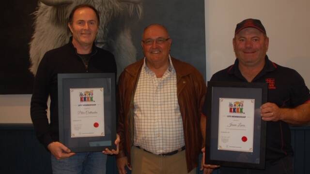 ALL SMILES: Peter Crittenden, Tony Springett and Jason Lewis were all smiles as Crittenden and Lewis were inducted as life members to 4K. Photos: Supplied.