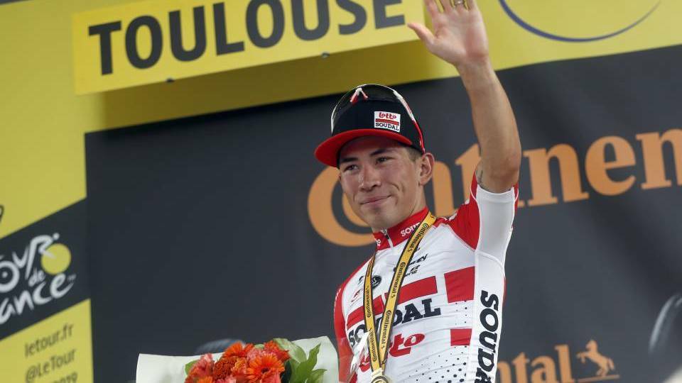 MOSS VALE MISSILE: Former Moss Vale resident Caleb Ewan claiming his remarkable maiden Tour de France stage victory. Picture: AP