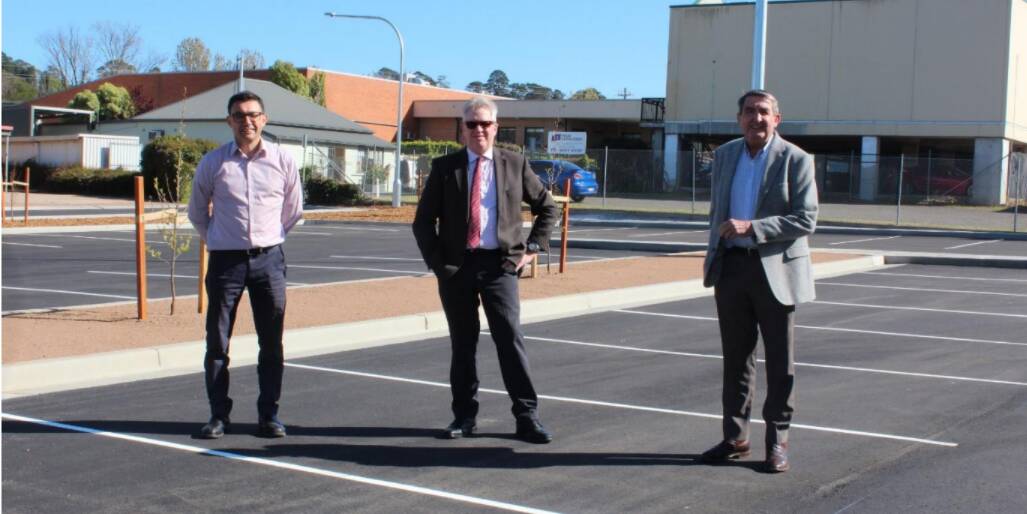 Councils group manager infrastructure services, Dominic Lucas joins acting general manager Barry Paull and Mayor Duncan Gair on an inspection of the refurbished Wattle Street Car Park.