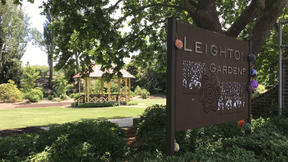 Pom poms created by local school children adorn the Leighton Gardens sign and many other parts of the Moss Vale park as part of a special yarn bombing project,
