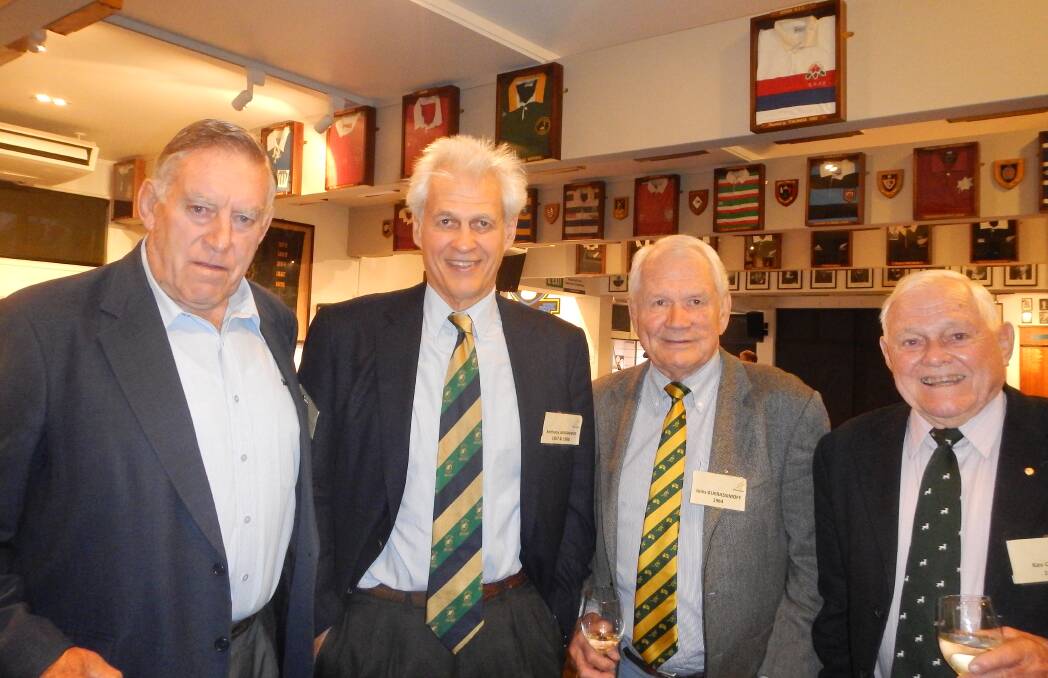Anthony Abrahams (second from left) with Jules Guerassimoff from the 1960s Wallaby team (left), New Zealand All Black Sir Colin Meads (third from left), and rugby referee Kevin Crowe. Photo supplied