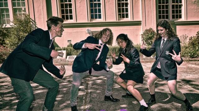 Bowral High School captains and vice captains Harris Ollis, Akiko Hayashi, Abbie Zwickl and Thomas Strachan, embrace the lighter side of the final year at school in 2020. Photo supplied