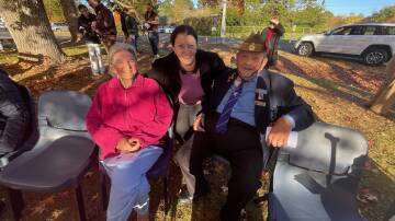 Elaine, Lesley and Garnet Whitby at the Sutton Forest Morning Service. Garnet became a National Serviceman about 60 years ago and was recently made a life member of the Mittagong National Servicemen's Association at Mittagong. Picture by Jackie Meyers