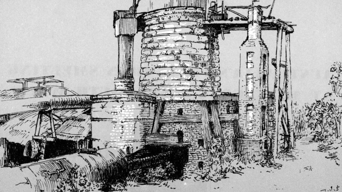 EARLY ERA'S END: The derelict Fitzroy Iron Works blast furnace complex, c1900, pen and wash drawing by Eirene Mort of Mittagong, from the 1948 Iron Week brochure. Photo by BDH&FHS