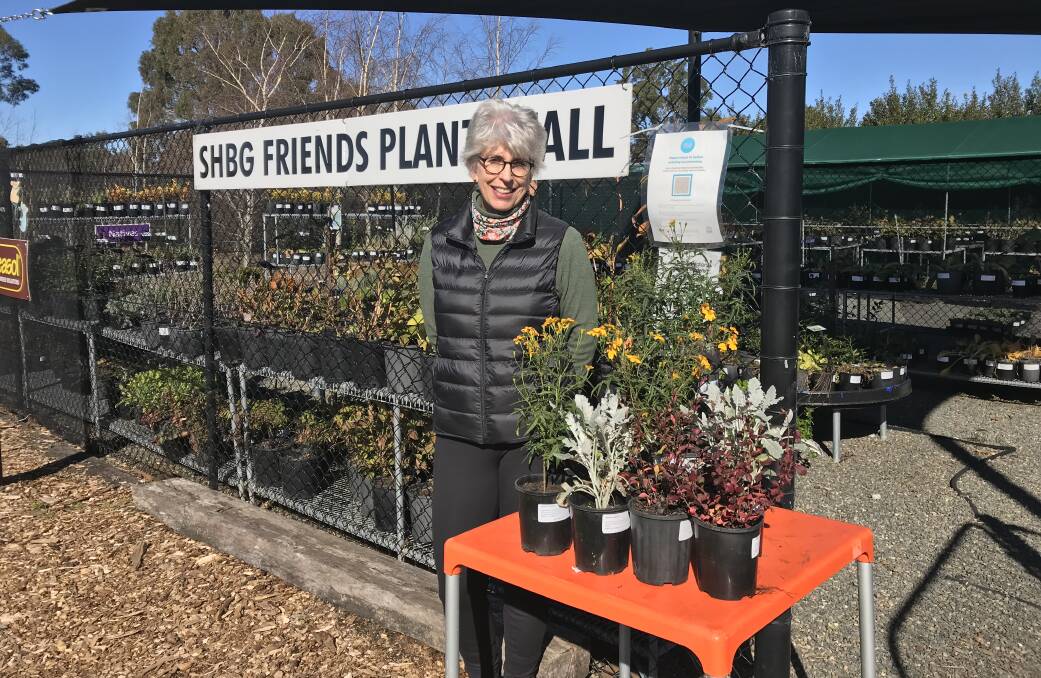 Southern Highlands Botanic Gardens administration officer Anne Goodman takes a closer look at some of the plants on sale at the open day on May 30.