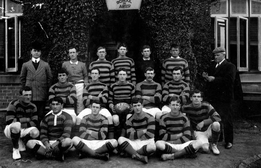 1911 PREMIERS: Mittagong Rugby Union team, with Phil Cupitt snr second from right, middle. Photo taken at front of Mittagong School of Arts (now Playhouse).