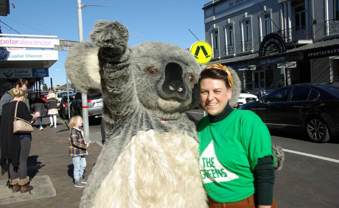 Greens representative Heather Champion is pictured with Kranky Koala earlier this year. Photo supplied