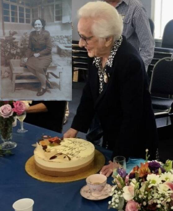 Judith celebrates 100 years. Inset: Judith in the AWAS in 1944. Photos supplied