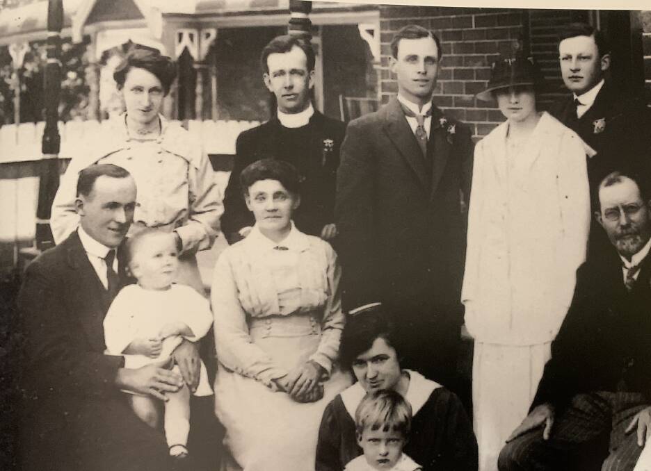 The wedding of Richard Victor Gurney and Ethel Grace Stephens on October 12, 1918. Standing left to right are Jessie Highes (nee Stephens), Rev David Hughes, Victor Gurney, Ethel Gurney, Norris Stephens and Phillis Stephens. Seated from left are Alf Stephens Jr with Peggy on his knee, Elizabeth Stephens, Alf Stephens Sr and Lily Stephens with baby Jack. In very front Annie Phillips (nee Stephens) holding David Hughes. Photo courtesy of Peter Gurney