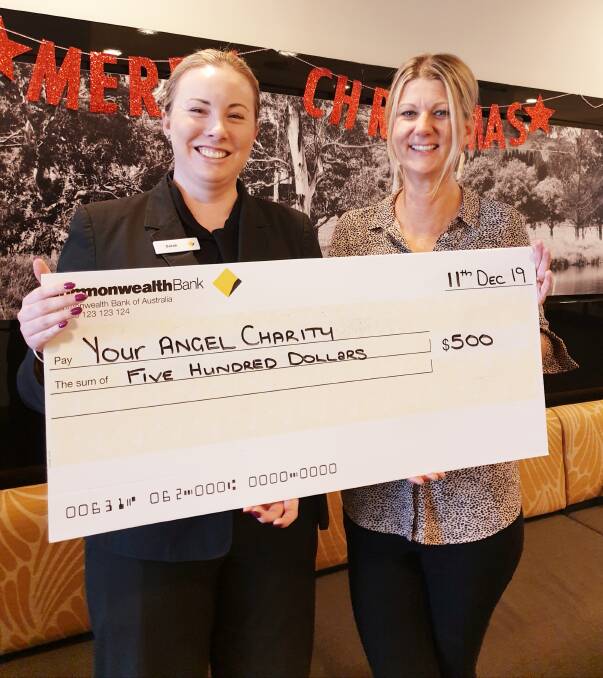 Sarah Lawrence (CBA) presents a $500 cheque to Melissa Ross (Your Angel Charity). Photo supplied