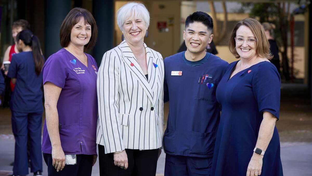 NSW Chief Nursing and Midwifery Officer Jacqui Cross (second from left) and South Western Sydney Local Health District Director of Nursing, Midwifery and Performance Sonia Marshall (right) join Liverpool Hospital Maternity Unit Manager Tracy Read and Clinical Midwife Educator Kim Gotos at a morning tea at the hospital. Photo: supplied