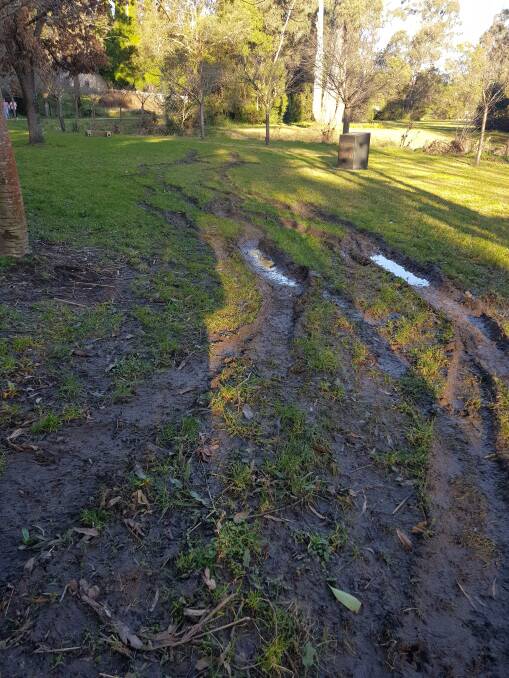 Cherry Tree Walk and the Vietnam Memorial in Bowral have had tyre marks left all over due to the recent weather. Picture: Supplied.