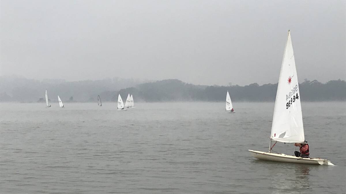 A hazy start: Lingering bushfire created poor visibility on the sailing course. Spring Series Pointscore Winners Overall: Monos Tim Vandervoort Spiral. Catamarans: Richard Hastings Nacra 14sqm ST .Photo: supplied. 