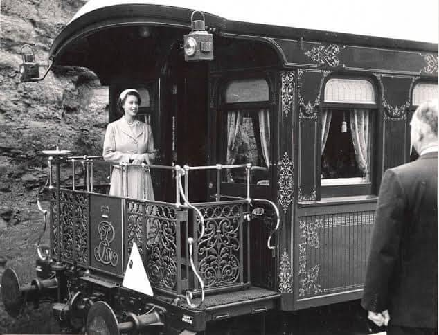 Queen Elizabeth II on the Governor General's carriage in 1954. The carriage can now be seen at the NSW Train Museum in Thirlmere. Picture NSW Rail Museum.