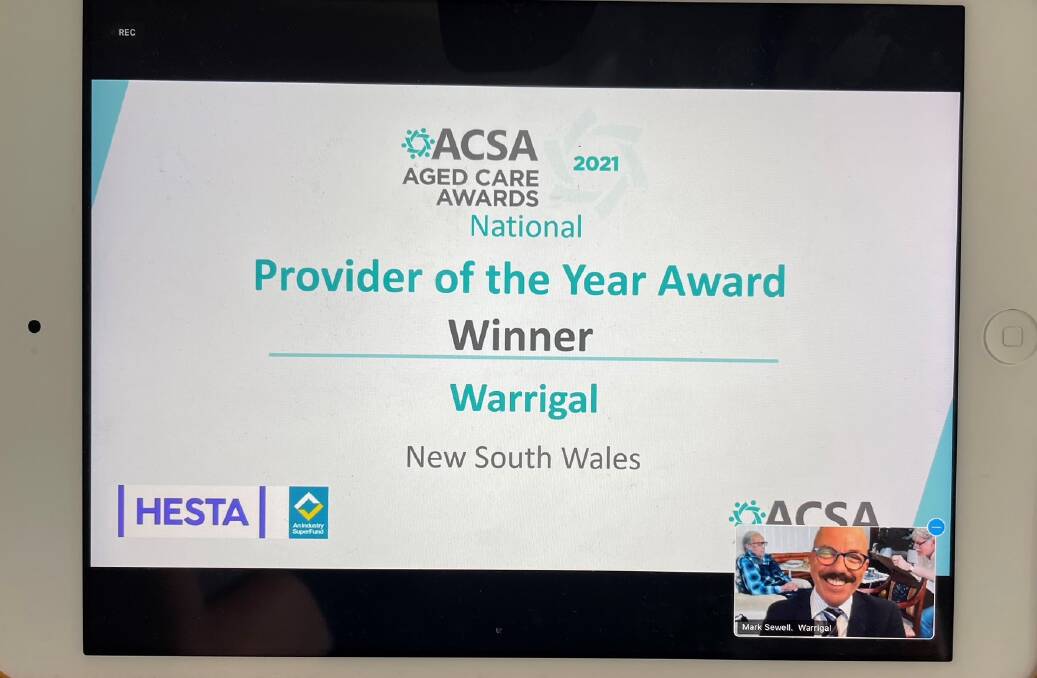 Warrigal was announced as the National Provider of the Year for 2021. The ceremony was held online. An insert of Warrigal CEO Mark Sewell is seen in the bottom right hand corner. Picture: supplied.