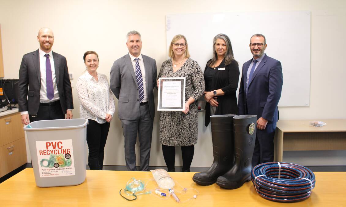 From medical waste to garden hose: Baxter Healthcare and Southern Highland Private Hospital teamed up to recycle half a tonne of PVC waste. Pictured L-R Gareth Trickey, Annie Dean, Steven Flynn, Prue Buist, Kim Granger and Frank Galati. Photo: Vera Demertzis