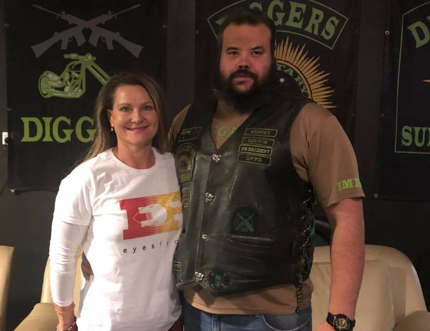 Eyes Front founder Kelliegh Jackson and president of the Diggers Military Motorcycle Club Sydney chapter Brutus. 
