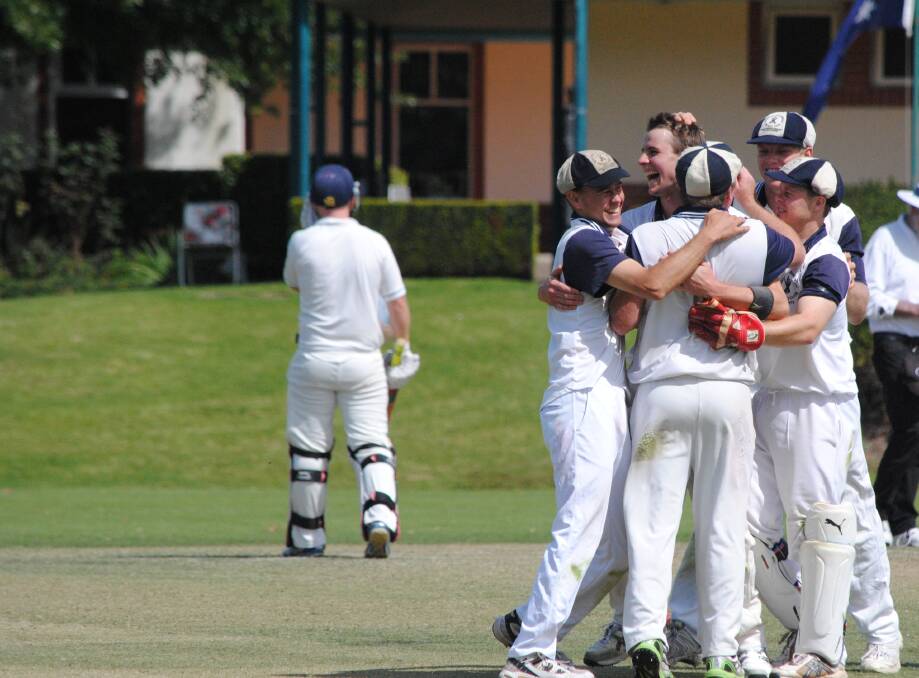 Burns Cup captain Mitchell Wright (centre) celebrates a wicket with his Robertson-Burrawang teammates. Wright said the Highlands would field a strong team in this year's competition. Photo: Josh Bartlett