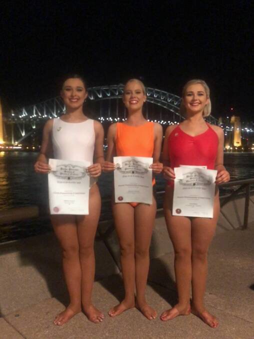Wollondilly-Southern Highlands Physical Culture Club members and teacher Lucy Stein, Laura Jamieson and Molly Stein competed at the Senior Nationals at the Opera House. Photo: supplied