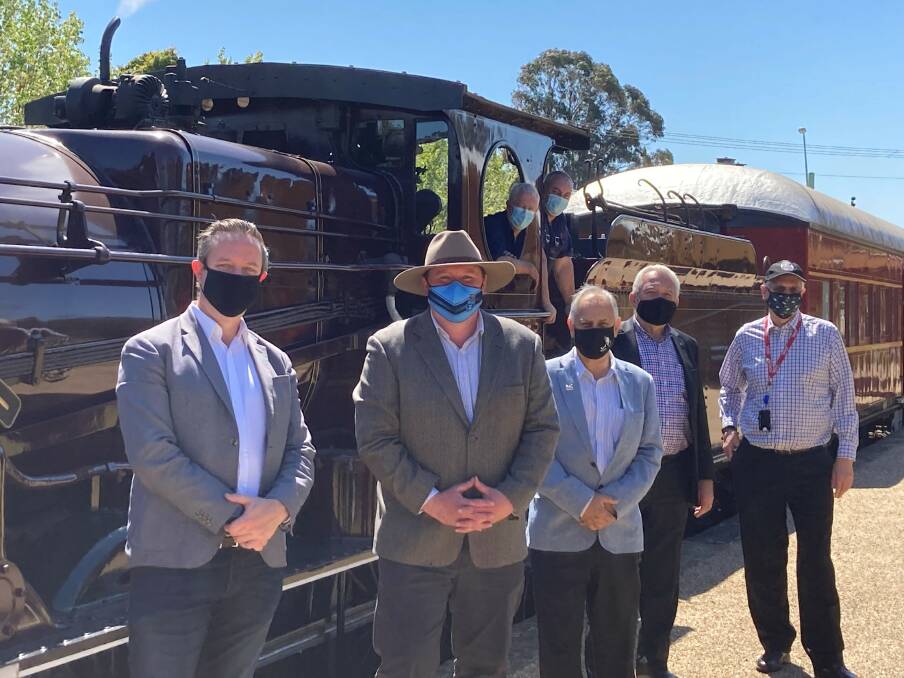 Wollondilly Councillor Matthew Deeth, Nathaniel Smith MP, Wollondilly Mayor Robert Khan, Wingecarribee Administrator Viv May, Transport Heritage NSW Chairman Rob Mason at todays announcement. Picture: Matthew Murphy