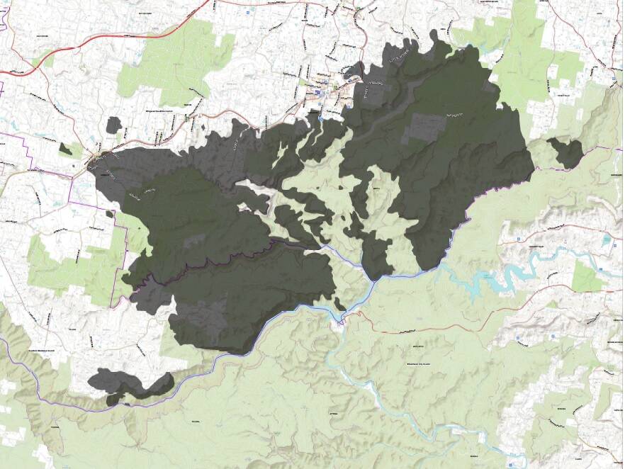 The latest map of the Morton fire which spans parts of the Southern Highlands, Caoura Road, Tallong and the Shoalhaven Gorge below. Image: Wollondilly RFS Fire Control Centre. 
