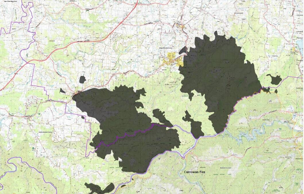 The Morton fire has burnt out 19,274 hectares around Bundanoon, Fitzroy Falls, Penrose, Wingello and the end of Caoura Road, Tallong. Image: RFS.
