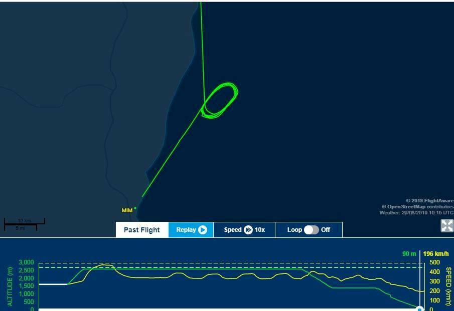 Flight radar images showed the plane circled above the ocean before landing at Merimbula Airport. Picture: Flightaware