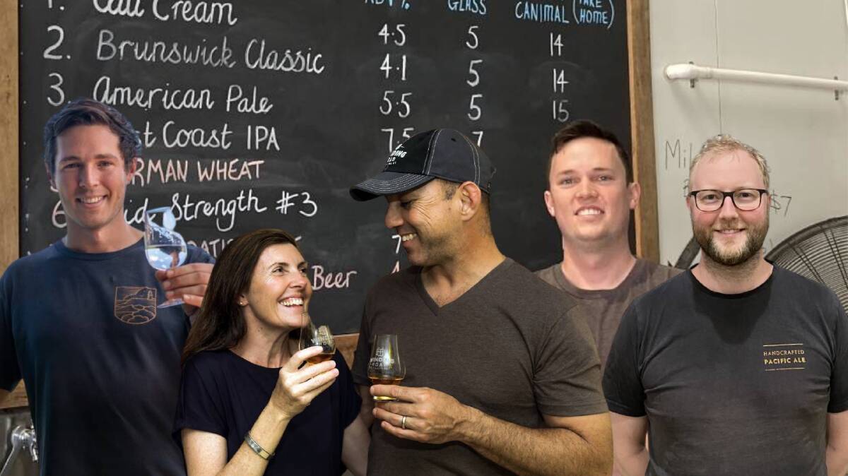 From left: Eddie Brook at Cape Byron Distillery, Winding Road Distilling Co's Camille and Mark Awad, Seven Mile Brewing Co owner Matt Wilson and head brewer at Stone & Wood Coalan Vaughan.