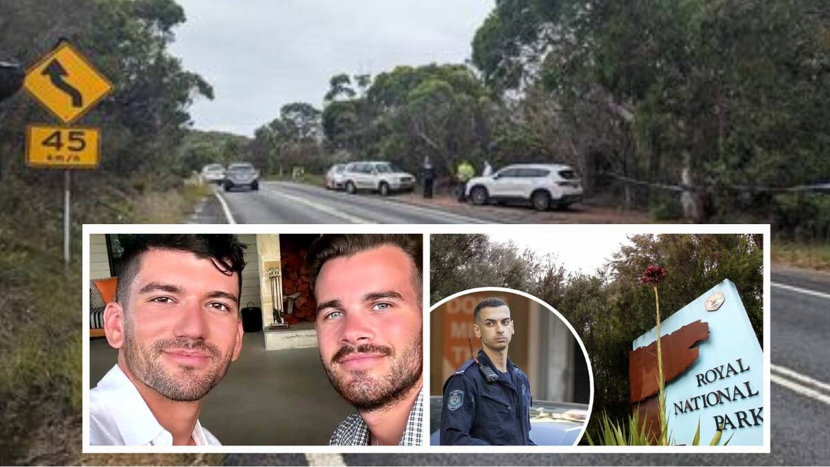 The scene in the Royal National Park on Tuesday; inset Luke Davies and Jesse Baird were allegedly murdered on Monday, February 19; and NSW Police constable Beau Lamarre-Condon. Pictures by Natalie Croxon, Instagram, files and ABC.