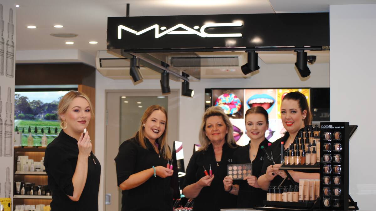 GLAM HISTORY: Glam girls Remke Veness, Elizabeth Stirling, Brittany Munzenrieder, Kathy Carter and Maddison Pepping at the new M.A.C counter. Photo: Emily Bennett. 