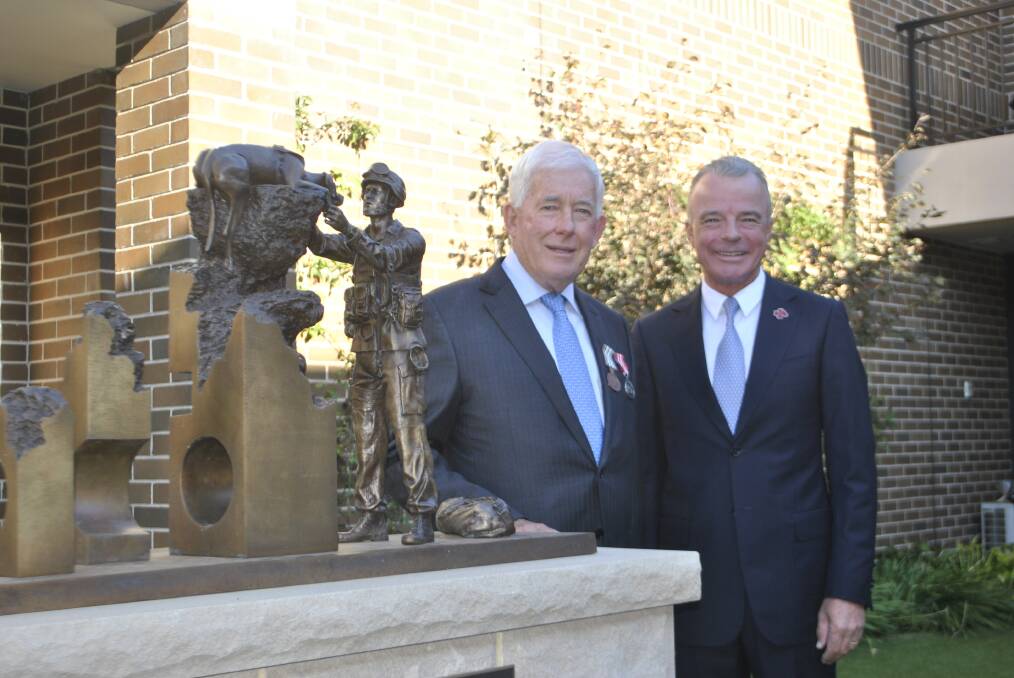 The Elevation of the Senses replica sculpture at Abbey House, with Douglas Thompson and Dr Brendan Nelson AO. 