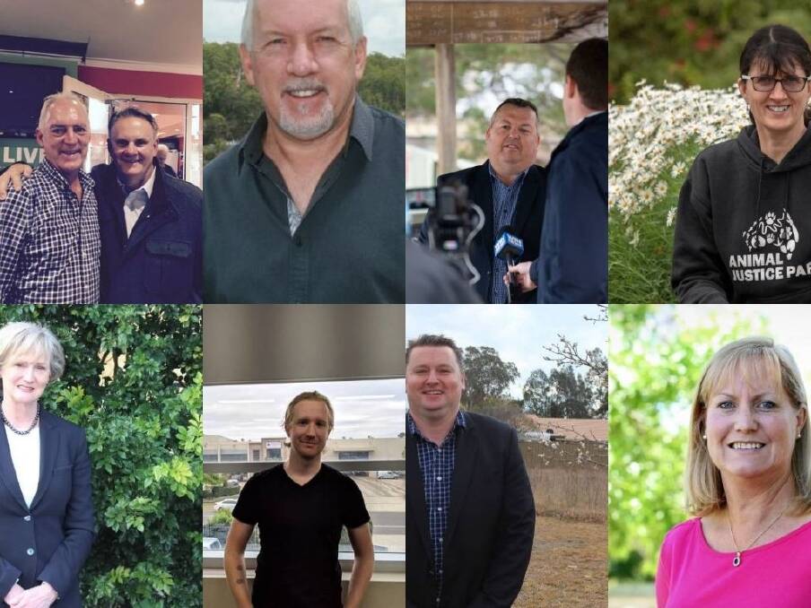Top (left to right): One Nation candidate Charlie Fenton with legislative council candidate Mark Latham, Greens candidate David Powell, Shooters, Fishers and Farmers Candidate Jason Bolwell and Animal Justice Party candidate Heather Edwards. Bottom (left to right): Labor candidate Jo-Ann Davidson, Liberal Democrats candidate Mitchell Black, Liberal candidate Nathaniel Smith and Independent candidate Judith Hannan.
