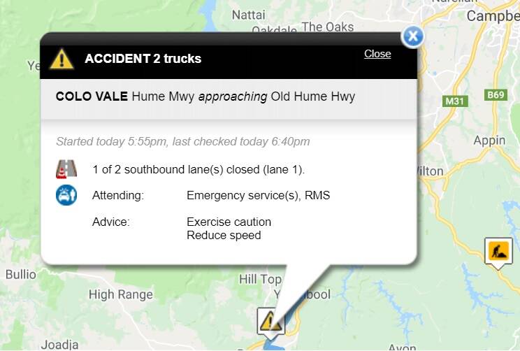 Two truck accident closes one southbound lane on the Hume Motorway