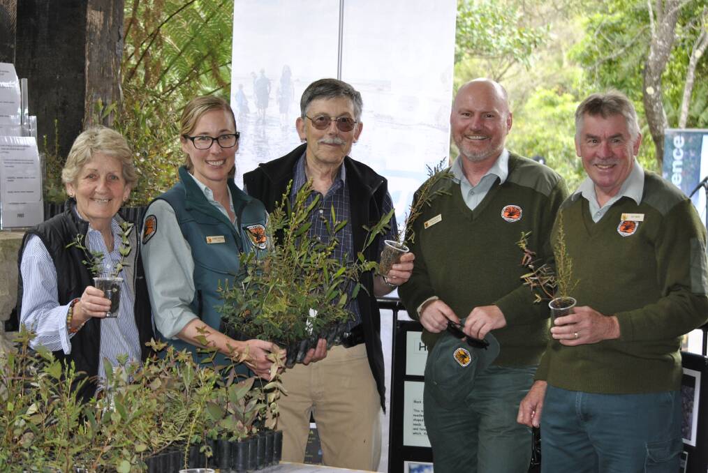 MILESTONE DAY: Pat Hall, Audrey Kutzner, Brian Richardson, Graham Bush and Ian Smith hand out free plants to visitors at Fitzroy Falls.